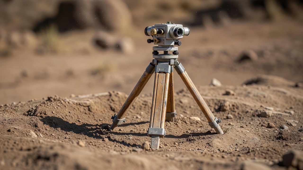 Survey tripod and measuring instrument shown in shallow focus beside bare earth